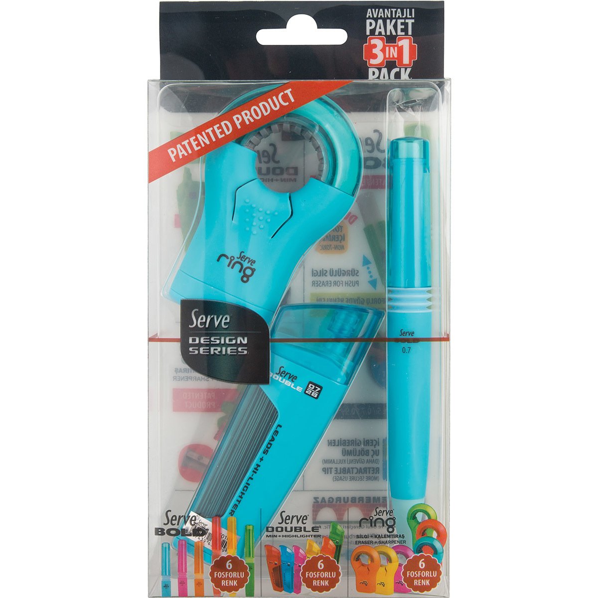 SERVE Bold Mekanik Kurşun Kalem 0.7 mm & Double Mekanik Kurşun Kalem Ucu 0.7 mm & SERVE Ring Kalemtıraş 3'lü Özel Hediye Paketi, Fosforlu Mavi
