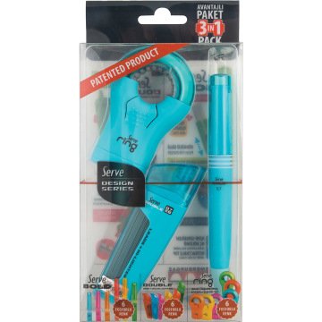 SERVE Bold Mekanik Kurşun Kalem 0.7 mm & Double Mekanik Kurşun Kalem Ucu 0.7 mm & SERVE Ring Kalemtıraş 3'lü Özel Hediye Paketi, Fosforlu Mavi
