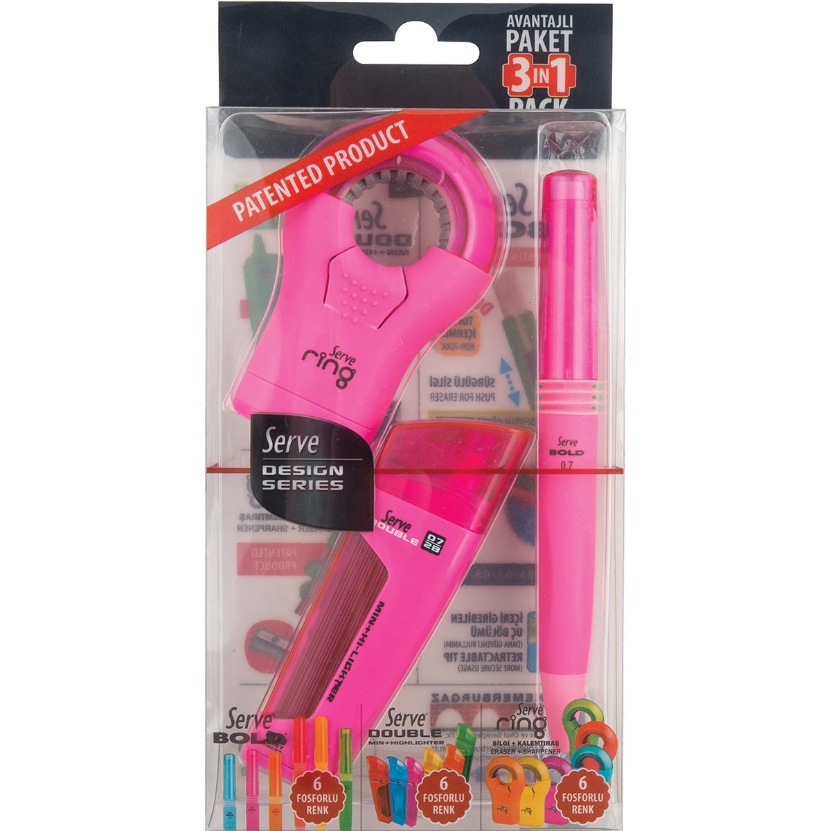 SERVE Bold Mekanik Kurşun Kalem 0.7 mm & Double Mekanik Kurşun Kalem Ucu 0.7 mm & SERVE Ring Kalemtıraş 3'lü Özel Hediye Paketi, Fosforlu Pembe