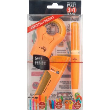 SERVE Bold Mekanik Kurşun Kalem 0.7 mm & Double Mekanik Kurşun Kalem Ucu 0.7 mm & SERVE Ring Kalemtıraş 3'lü Özel Hediye Paketi, Fosforlu Turuncu