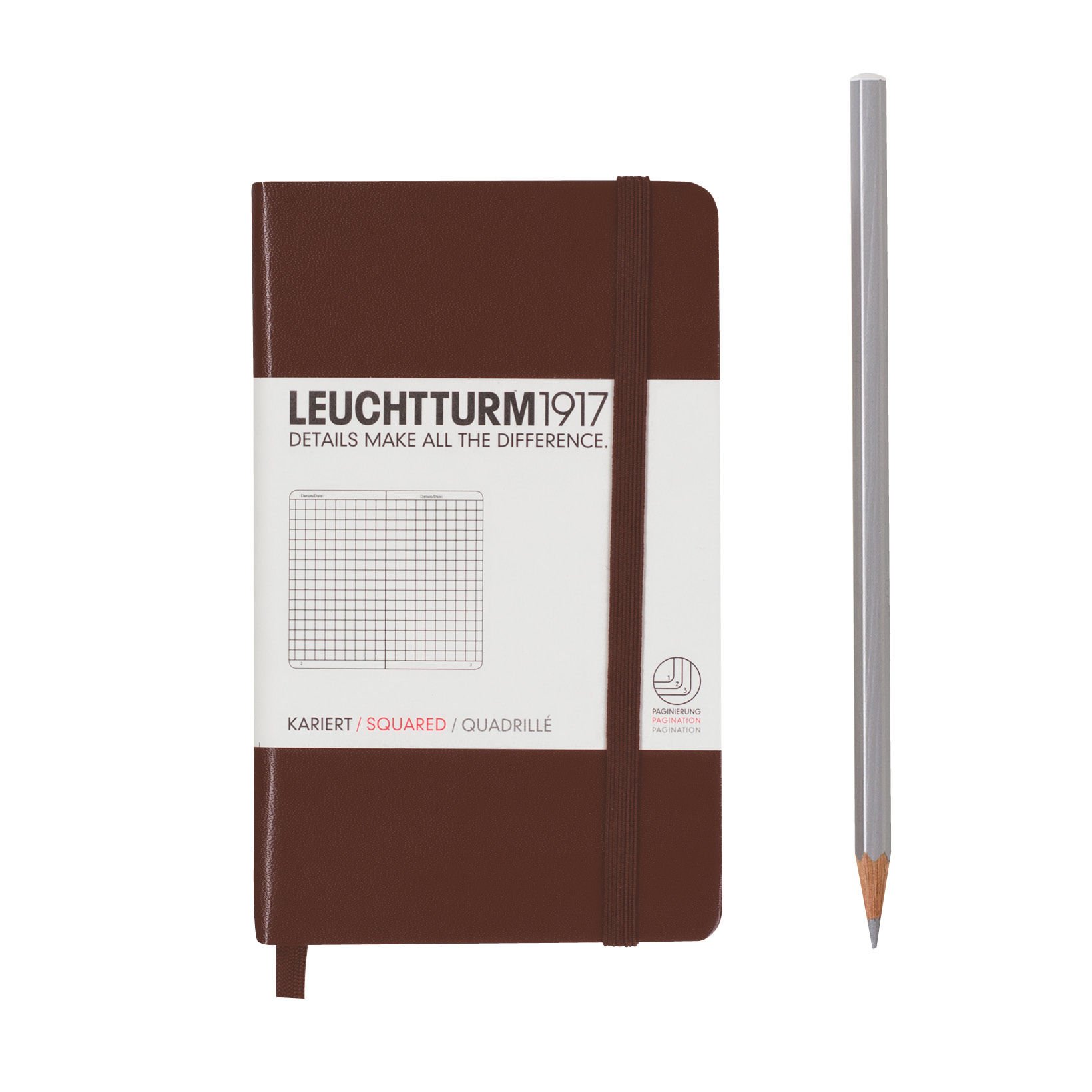 Leuchtturm1917 Not Defteri Cep Boy (A6), Sert Kapak, 185 Numaralandırılmış Sayfa, Kareli - Kahverengi