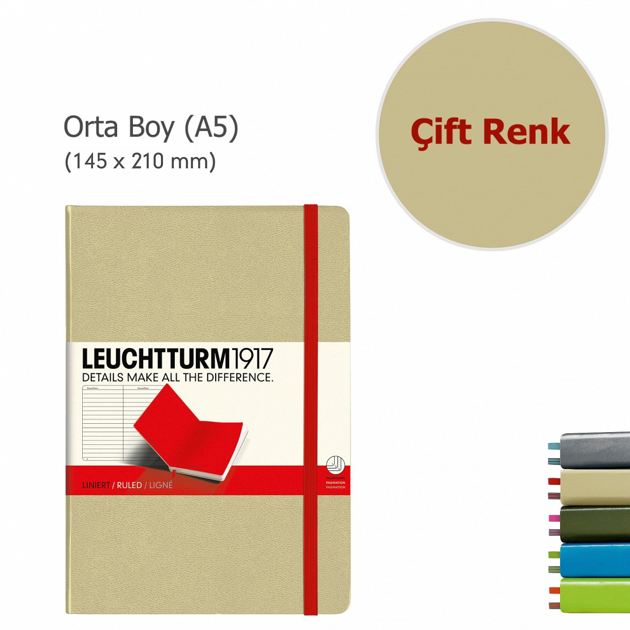 Leuchtturm1917 Orta Boy (A5), ÇİFT RENK  Not Defteri, Sert Kapak, 249 Numaralandırılmış Sayfa,