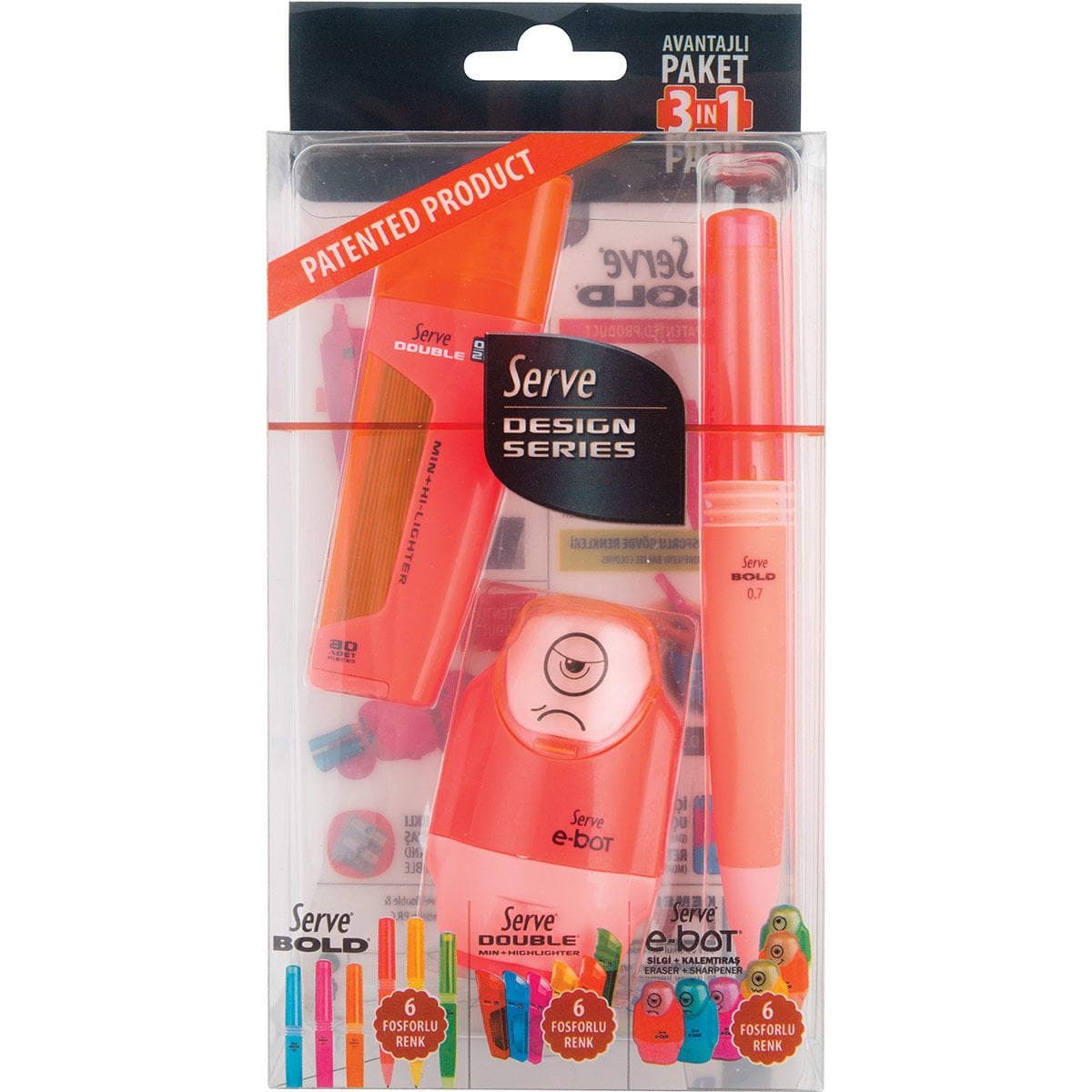 SERVE Bold Mekanik Kurşun Kalem 0.7 mm & Double Mekanik Kurşun Kalem Ucu 0.7 mm & SERVE E-Bot Silgili Kalemtıraş 3'lü Özel Hediye Paketi, Fosforlu Kırmızı