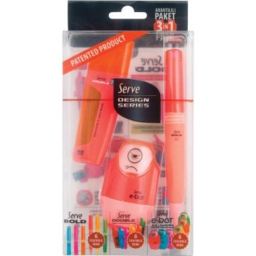 SERVE Bold Mekanik Kurşun Kalem 0.7 mm & Double Mekanik Kurşun Kalem Ucu 0.7 mm & SERVE E-Bot Silgili Kalemtıraş 3'lü Özel Hediye Paketi, Fosforlu Kırmızı