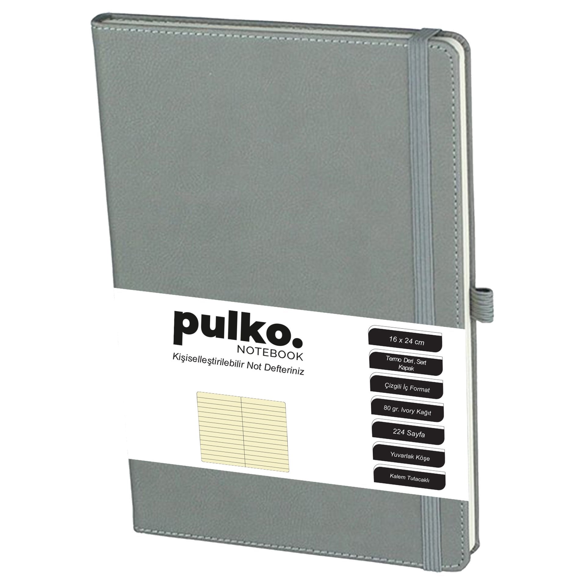 PULKO Notebook Not Defteri, (16X24CM), Termo Deri, 224 Sayfa, Çizgili, 041, Gri