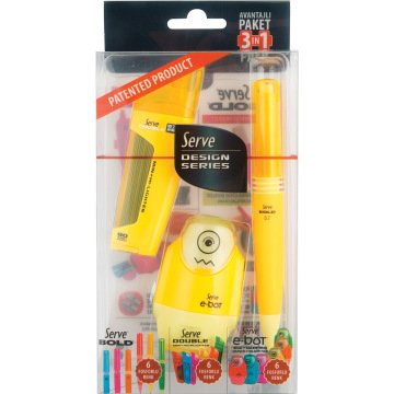 SERVE Bold Mekanik Kurşun Kalem 0.7 mm & Double Mekanik Kurşun Kalem Ucu 0.7 mm & SERVE E-Bot Silgili Kalemtıraş 3'lü Özel Hediye Paketi, Fosforlu Sarı