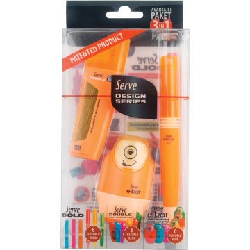 SERVE Bold Mekanik Kurşun Kalem 0.7 mm & Double Mekanik Kurşun Kalem Ucu 0.7 mm & SERVE E-Bot Silgili Kalemtıraş 3'lü Özel Hediye Paketi, Fosforlu Turuncu