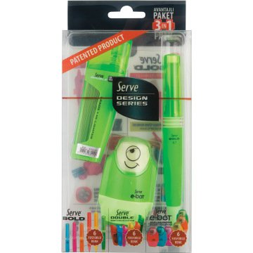 SERVE Bold Mekanik Kurşun Kalem 0.7 mm & Double Mekanik Kurşun Kalem Ucu 0.7 mm & SERVE E-Bot Silgili Kalemtıraş 3'lü Özel Hediye Paketi, Fosforlu Yeşil