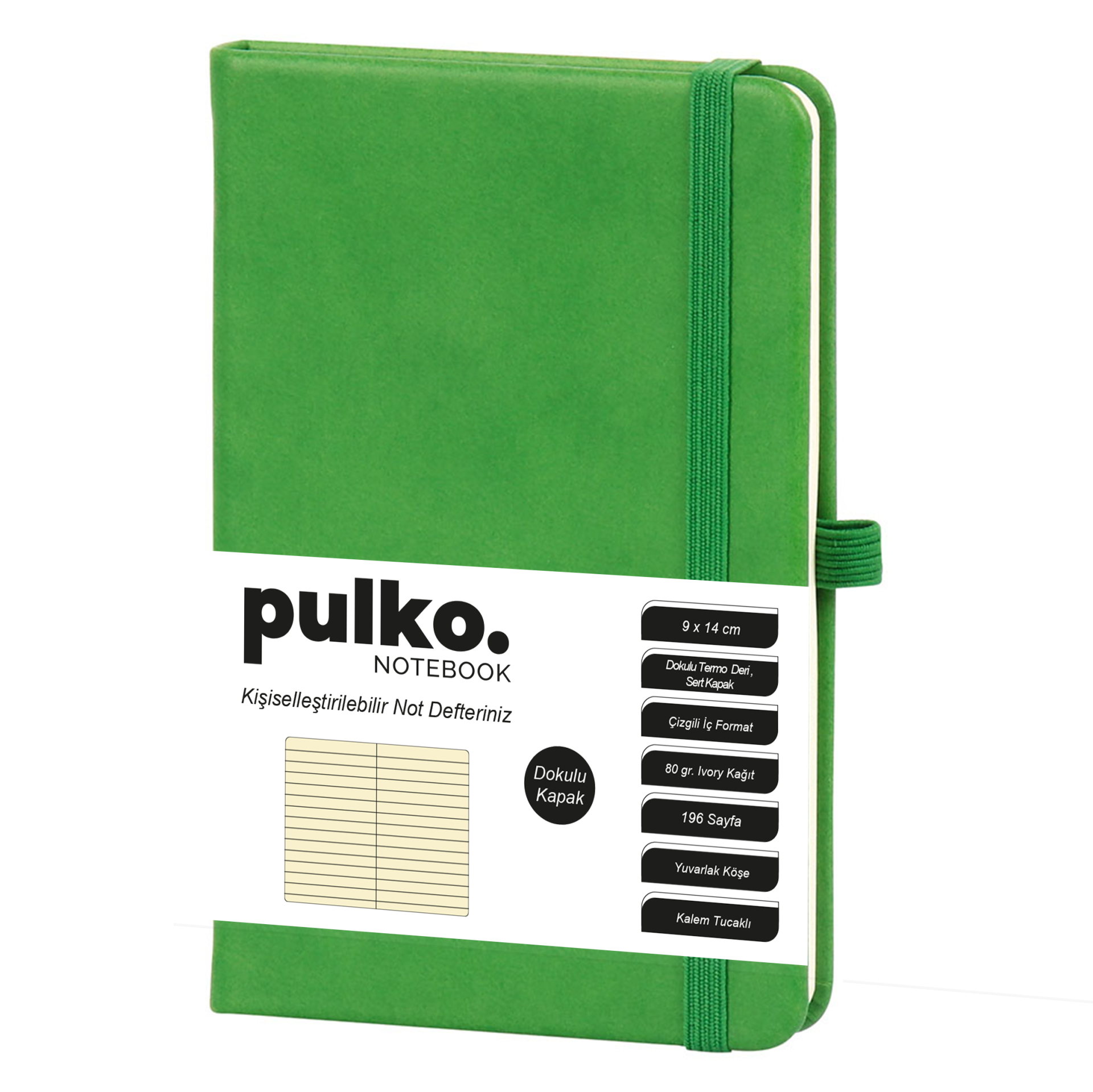 PULKO Notebook Not Defteri, (9x14cm), Termo Deri, Dokulu Sert Kapak, 196 Sayfa, Çizgili, 036, Yeşil