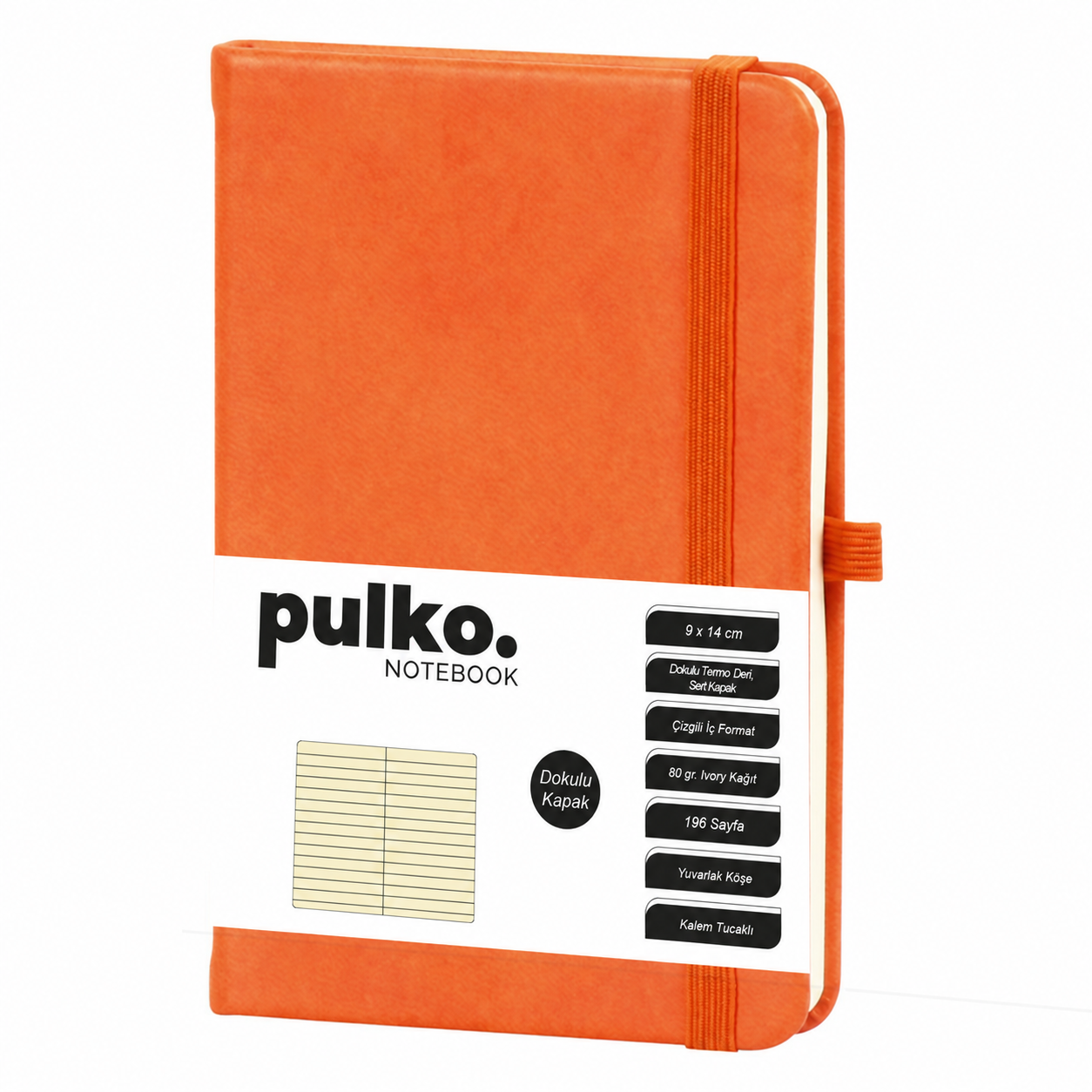 PULKO Notebook Not Defteri, (9x14cm), Termo Deri, Dokulu Sert Kapak, 196 Sayfa, Çizgili, 036, Turuncu