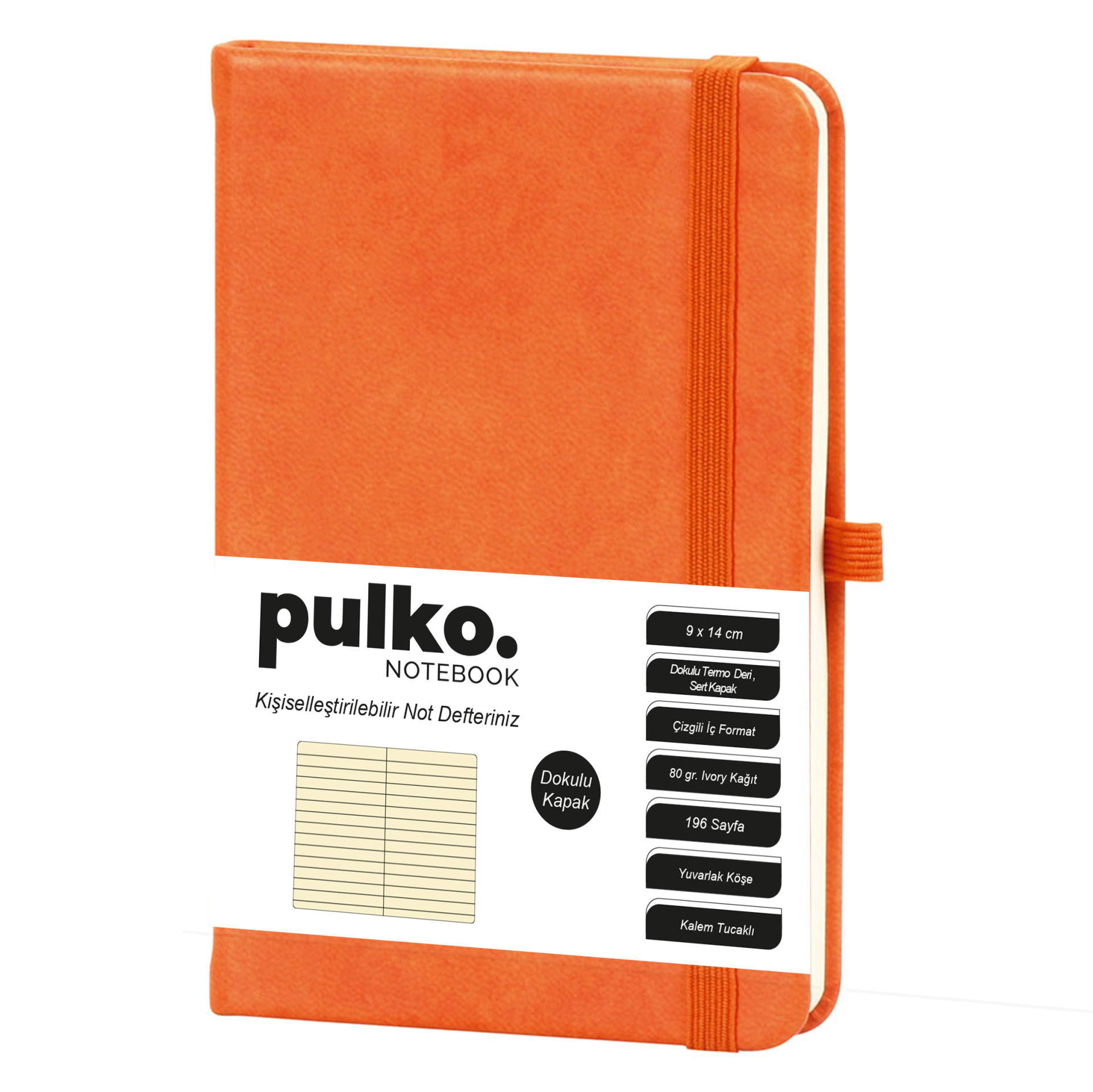 PULKO Notebook Not Defteri, (9x14cm), Termo Deri, Dokulu Sert Kapak, 196 Sayfa, Çizgili, 036, Turuncu