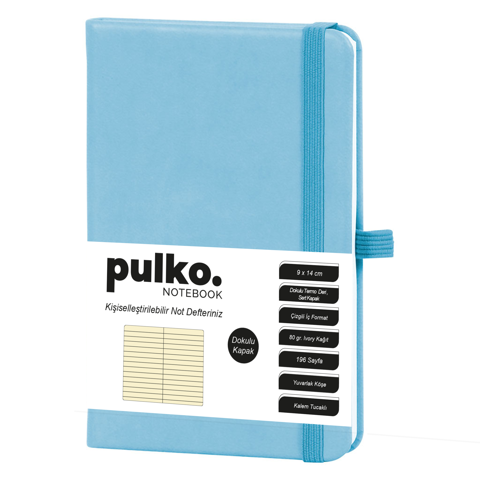 PULKO Notebook Not Defteri, (9x14cm), Termo Deri, Dokulu Sert Kapak, 196 Sayfa, Çizgili, 036, Buz Mavi