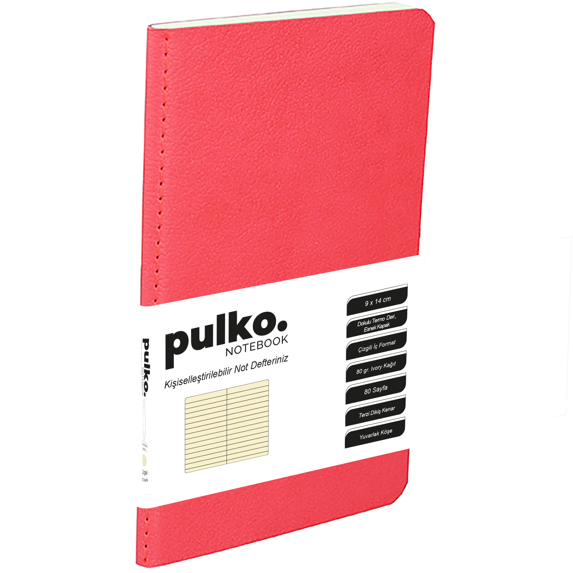 PULKO Notebook Not Defteri, (9x14cm), Terzi Dikiş, Esnek Kapak, 80 Sayfa, Krem Kağıt, Çizgili, 031, Kırmızı