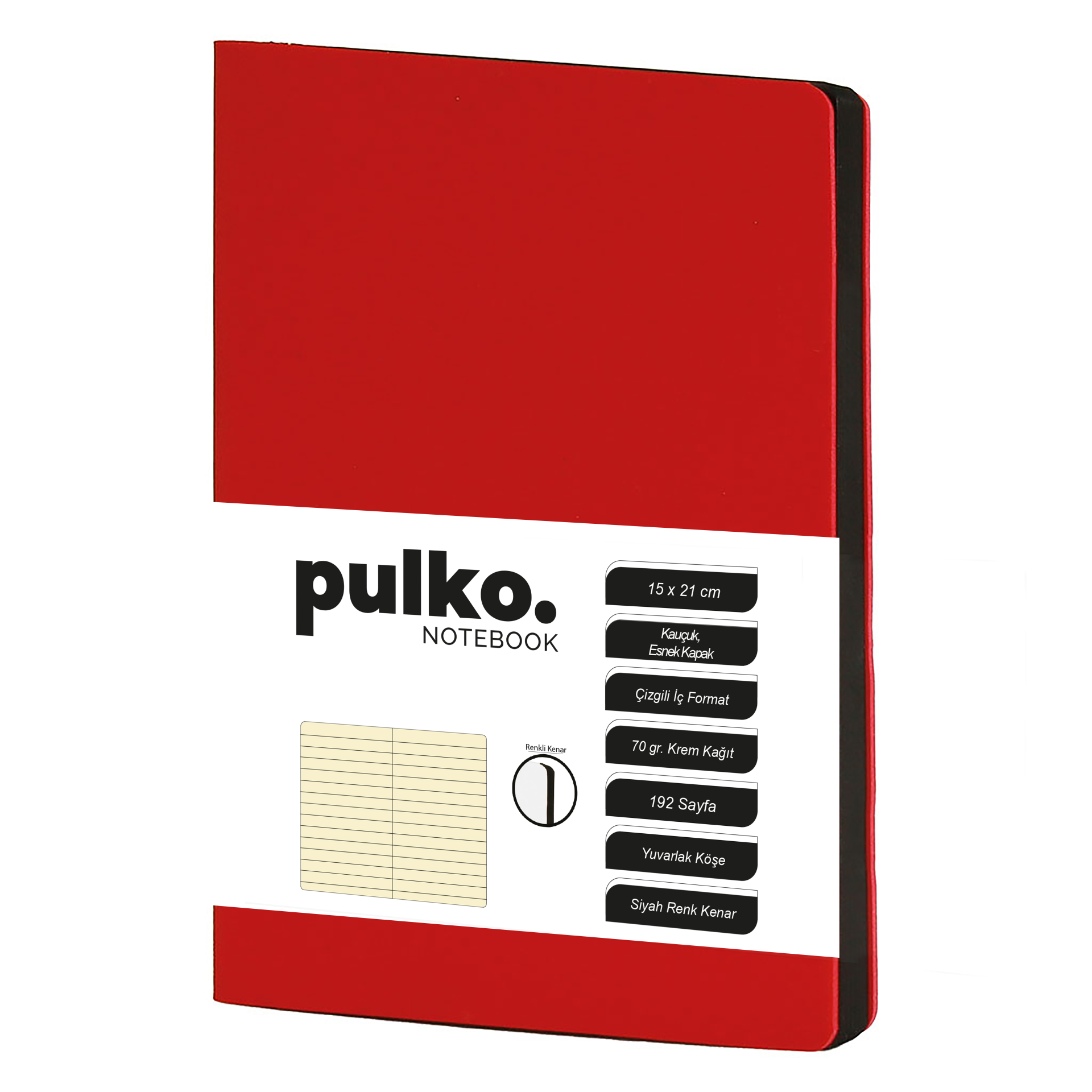 PULKO Notebook Not Defteri, (15x21cm), Kauçuk Esnek Kapak, 192 Sayfa, Krem Kağıt, Çizgili, 017, Kırmızı