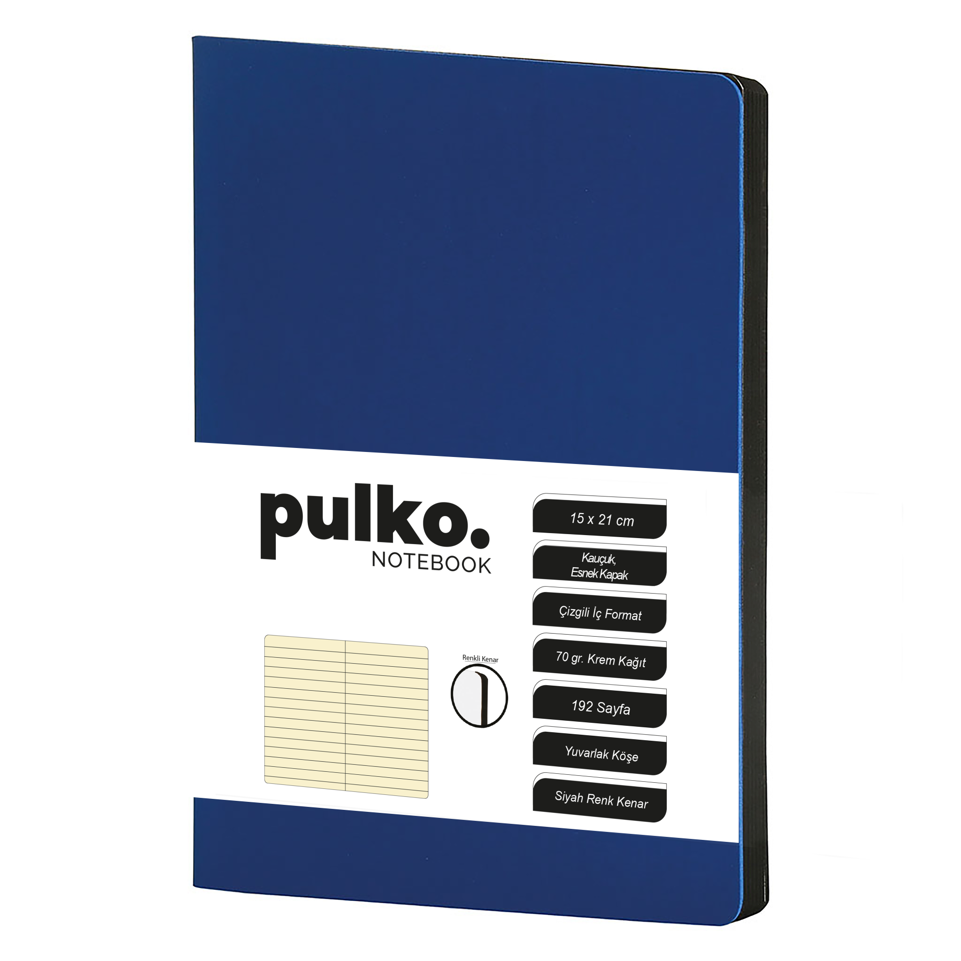 PULKO Notebook Not Defteri, (15x21cm), Kauçuk Esnek Kapak, 192 Sayfa, Krem Kağıt, Çizgili, 017, Lacivert