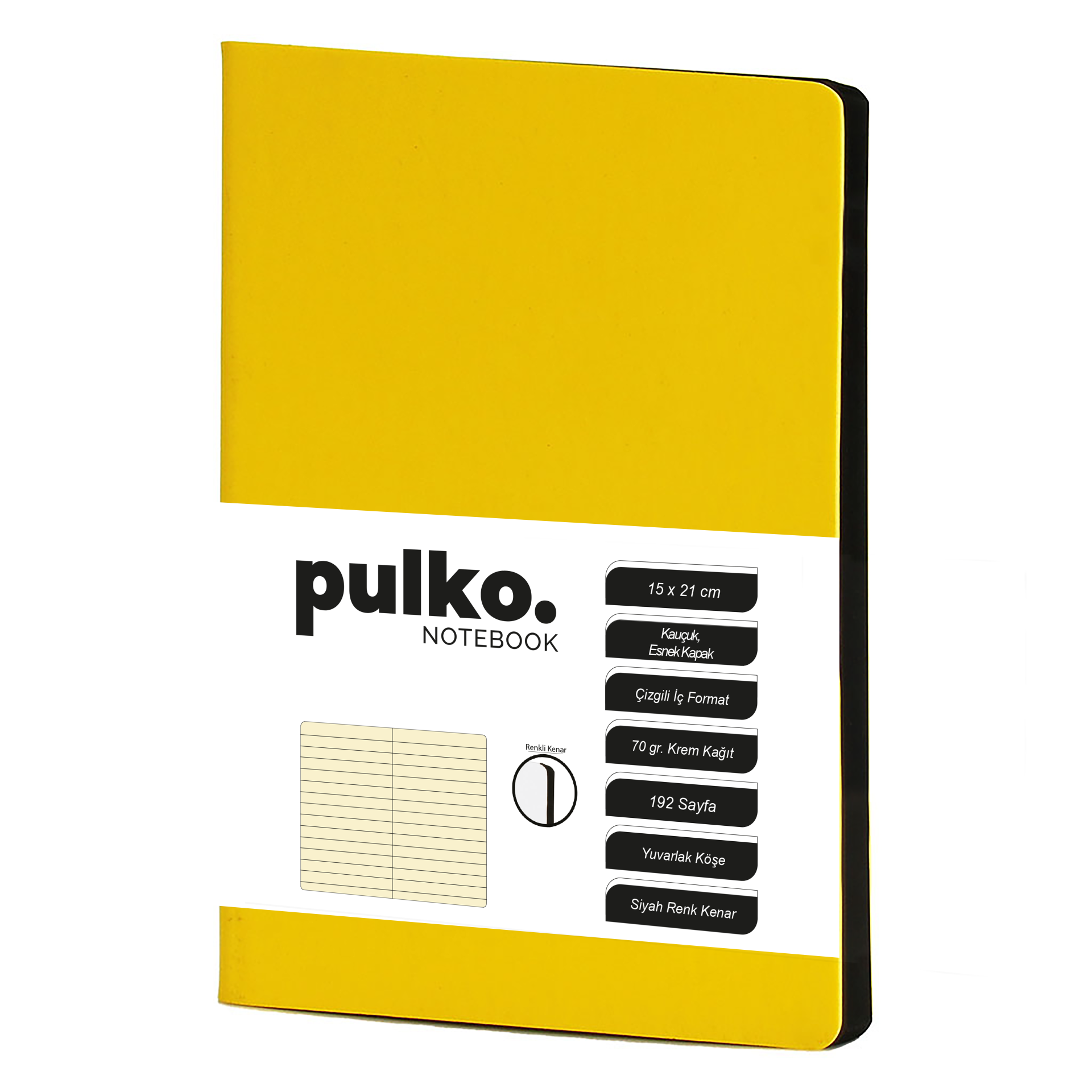 PULKO Notebook Not Defteri, (15x21cm), Kauçuk Esnek Kapak, 192 Sayfa, Krem Kağıt, Çizgili, 017, Limon Sarı