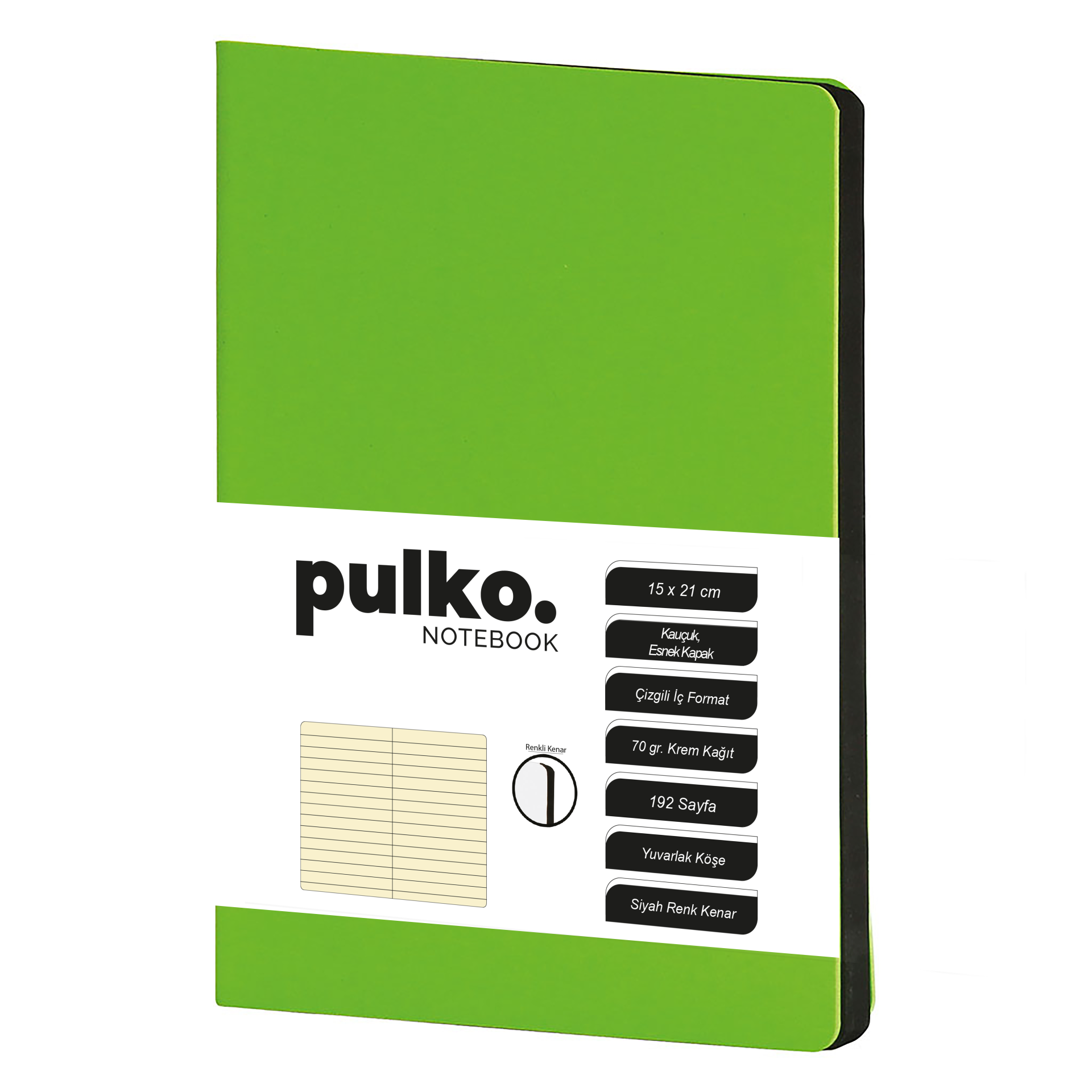 PULKO Notebook Not Defteri, (15x21cm), Kauçuk Esnek Kapak, 192 Sayfa, Krem Kağıt, Çizgili, 017, Lime Yeşil