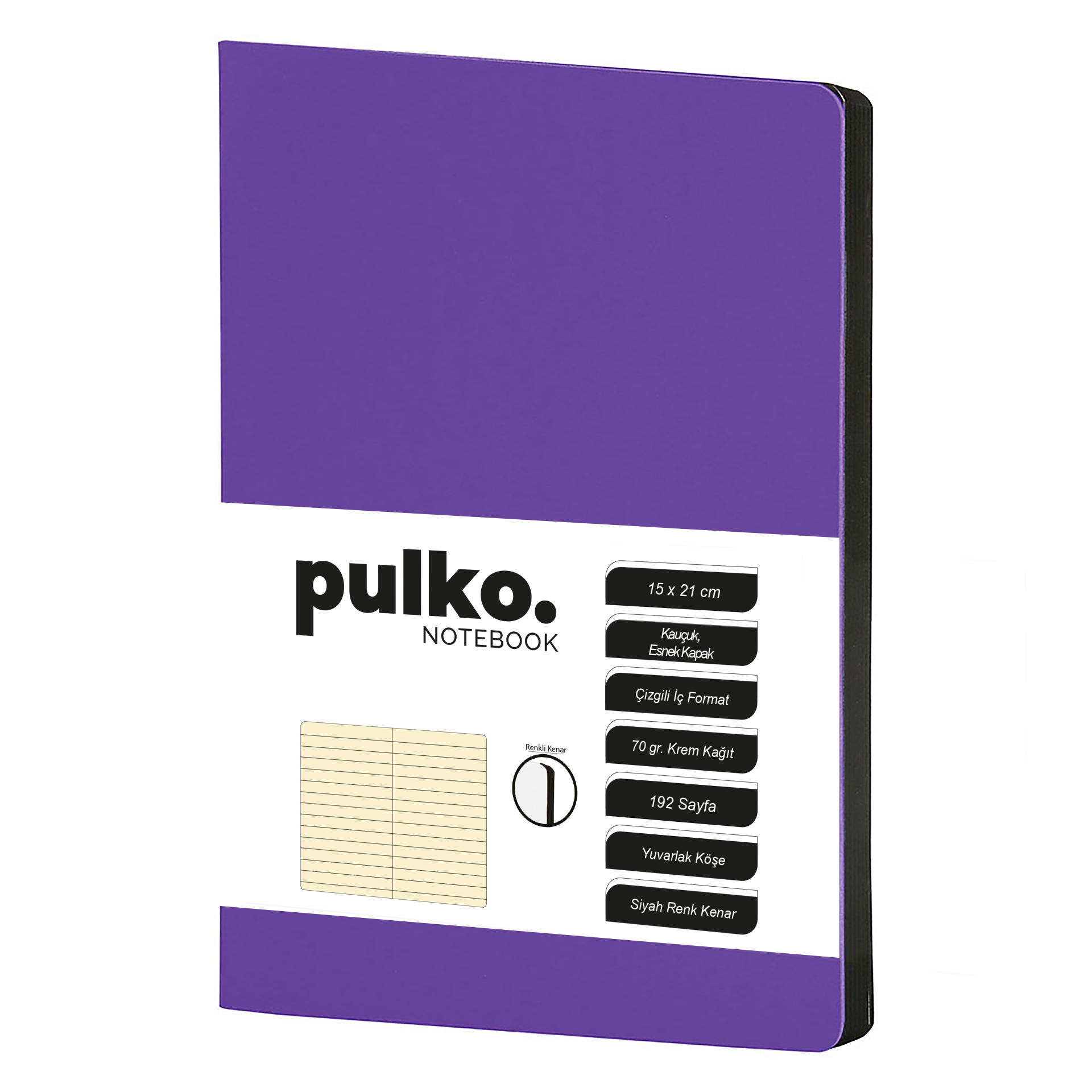 PULKO Notebook Not Defteri, (15x21cm), Kauçuk Esnek Kapak, 192 Sayfa, Krem Kağıt, Çizgili, 017, Mor