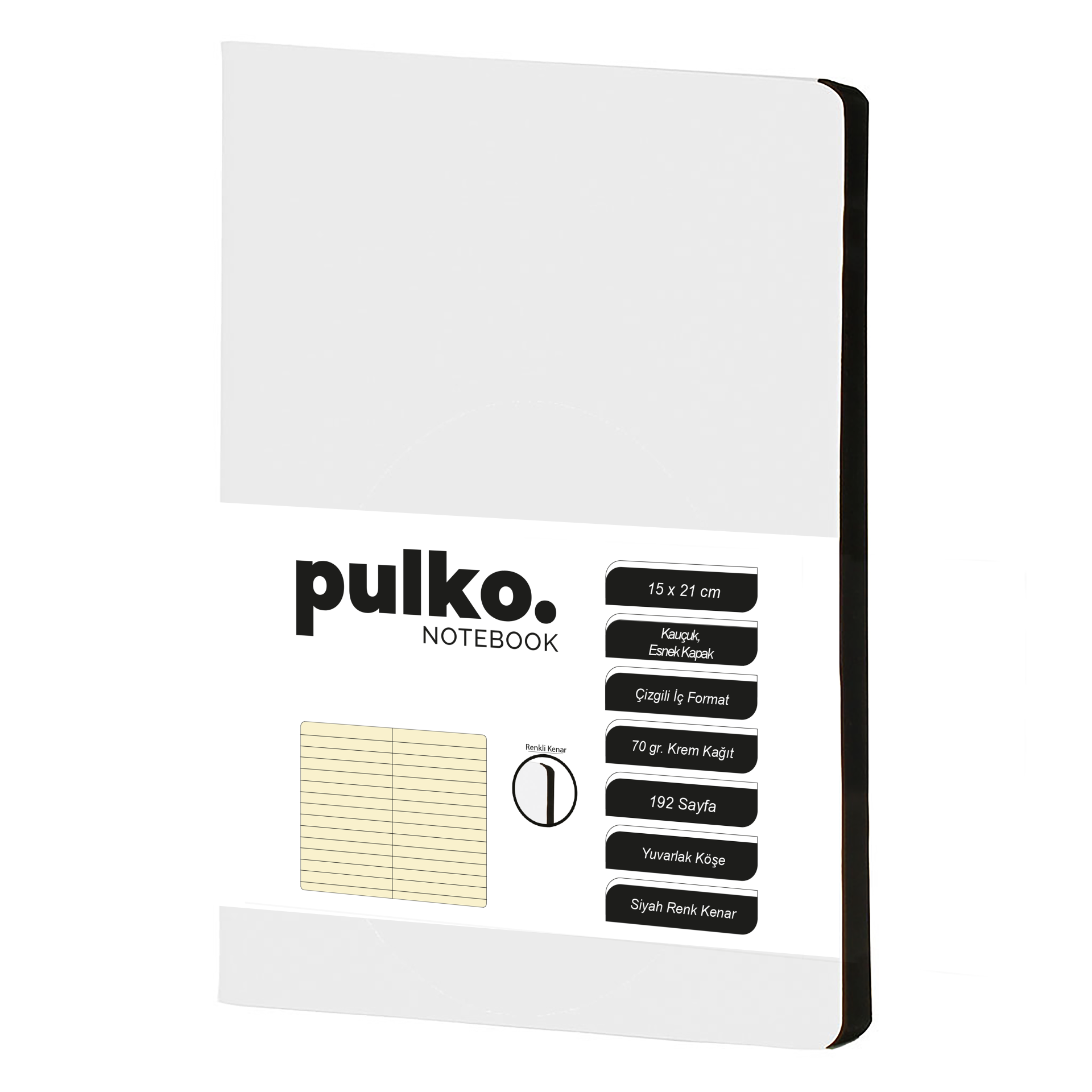 PULKO Notebook Not Defteri, (15x21cm), Kauçuk Esnek Kapak, 192 Sayfa, Krem Kağıt, Çizgili, 017, Beyaz
