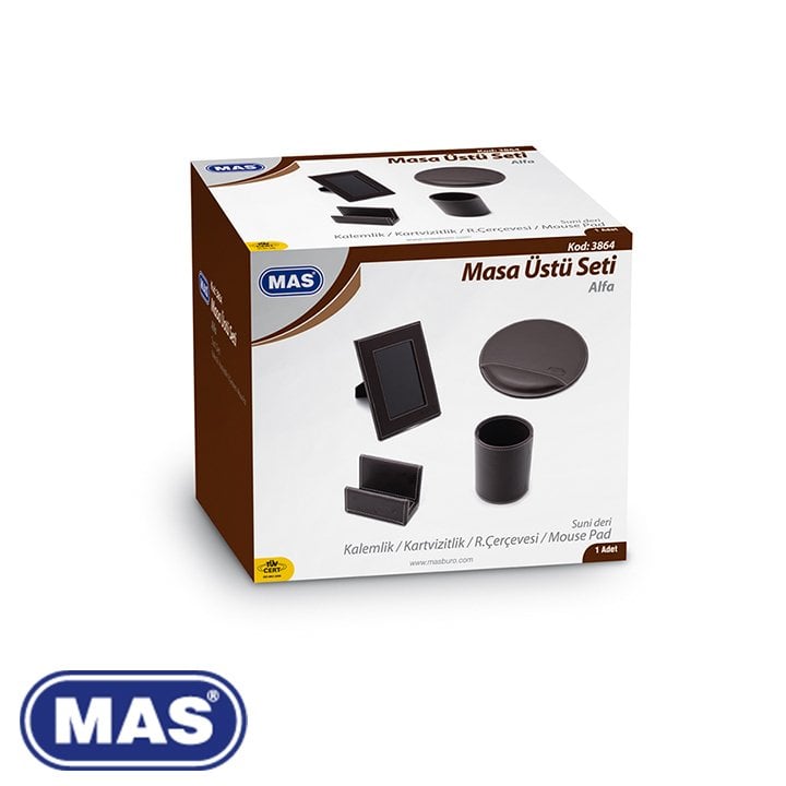 MAS 3864 Suni Deri Masa Üstü Seti Alfa (Kalemlik, Kartvizitlik, Resim Çerçevesi ve Mouse Pad),