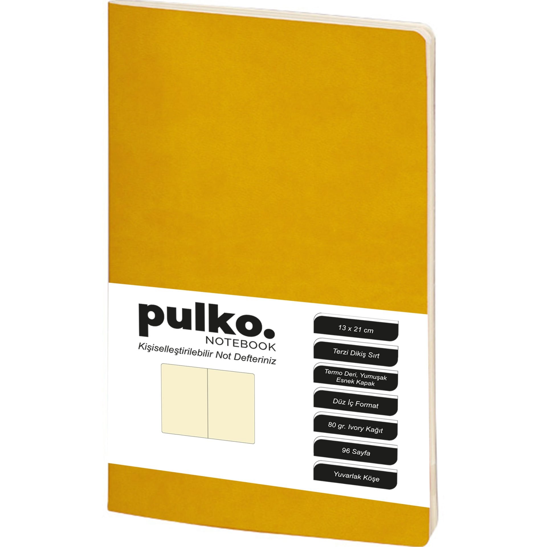 PULKO Notebook Not Defteri, (13x21cm), Terzi Dikiş, Termo Deri Kapak, 96 Sayfa, Krem Kağıt, Düz, 032, Hardal Sarı