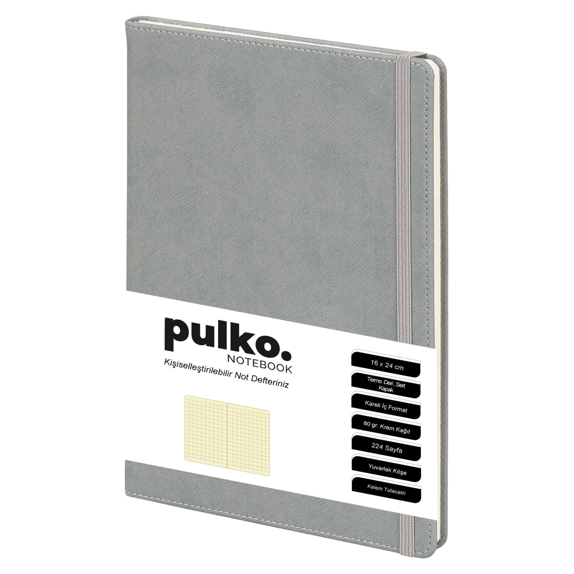 PULKO Notebook Not Defteri, (16X24CM), Termo Deri, 224 Sayfa, Kareli, 045, Gri