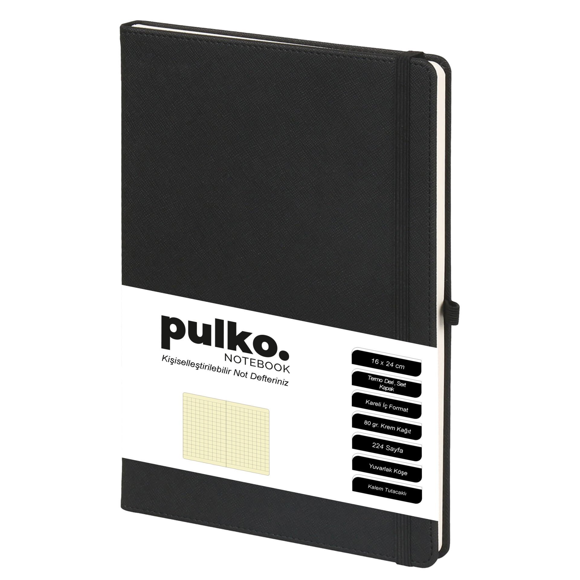 PULKO Notebook Not Defteri, (16X24CM), Termo Deri, 224 Sayfa, Kareli, 045, Siyah