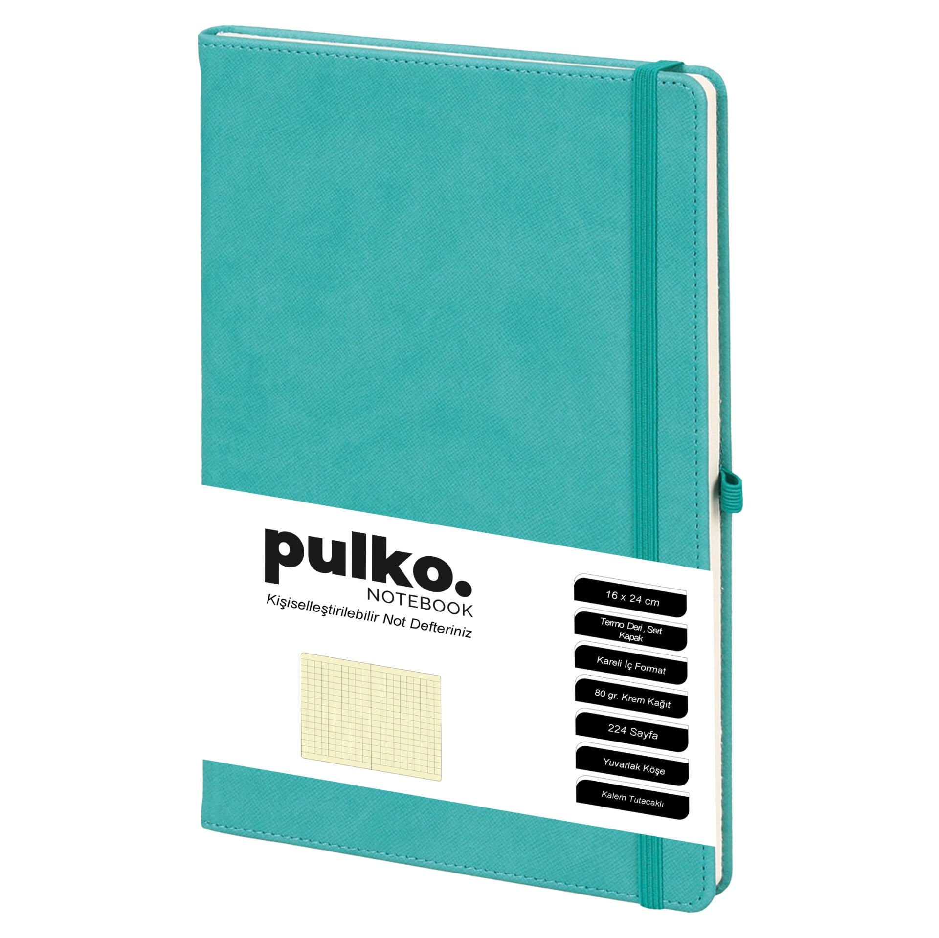 PULKO Notebook Not Defteri, (16X24CM), Termo Deri, 224 Sayfa, Kareli, 045, Turkuaz