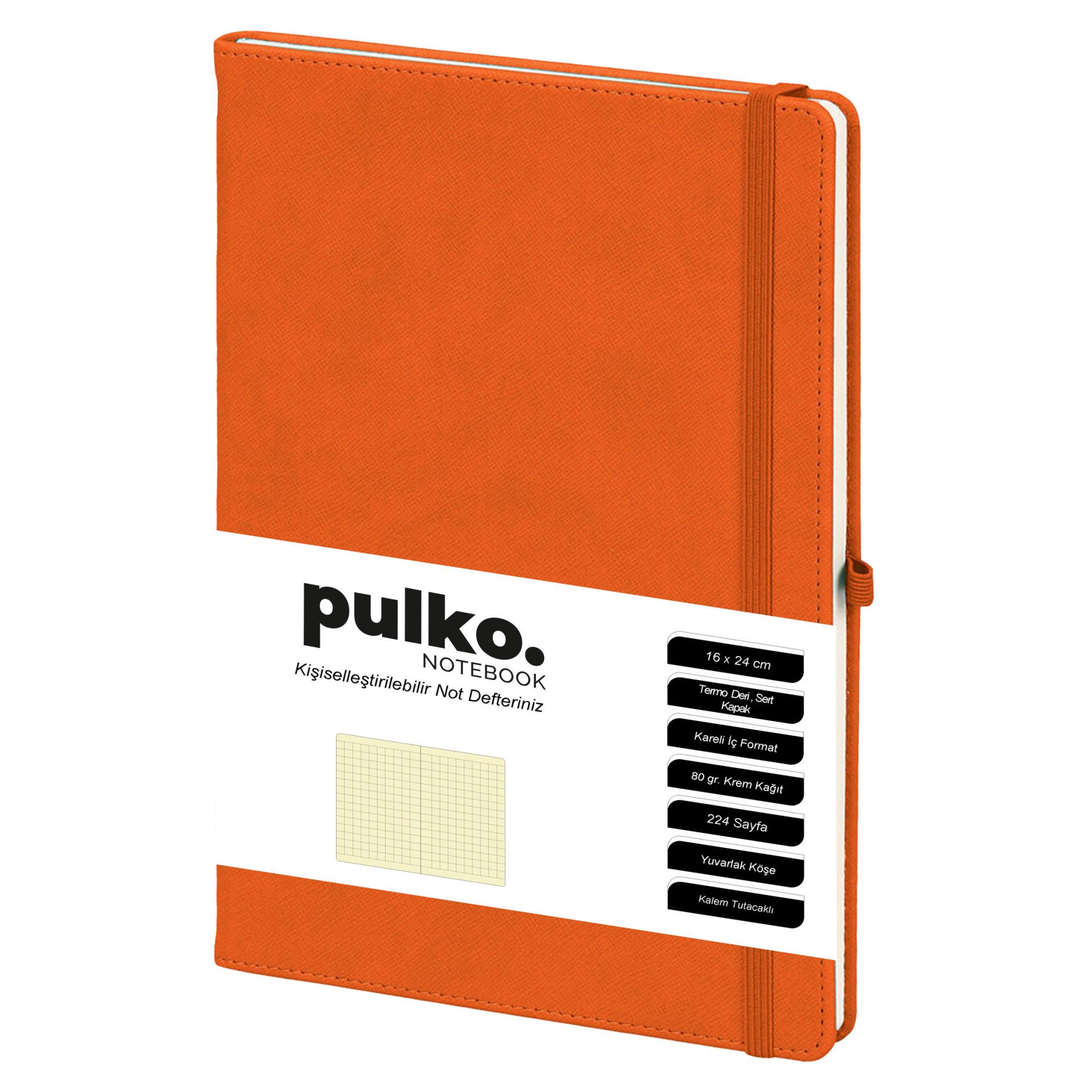 PULKO Notebook Not Defteri, (16X24CM), Termo Deri, 224 Sayfa, Kareli, 045, Turuncu