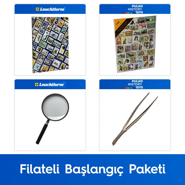 PULKO Filateli Başlangıç Paketi (Leuchtturm Hobby Pul Defteri, 100 Çeşit Pul, Pul Maşası ve Büyüteç), 4 Ayaklı Hayvan Pulları ile