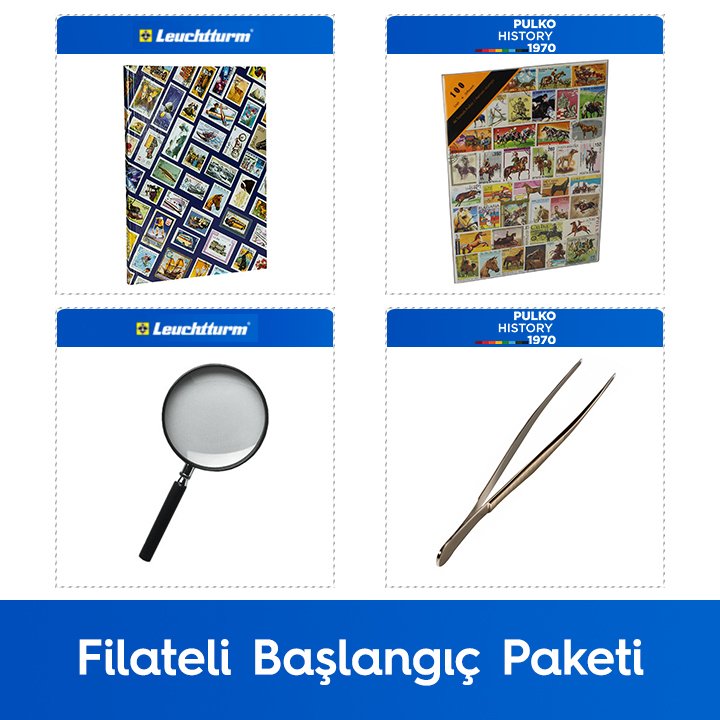 PULKO Filateli Başlangıç Paketi (Leuchtturm Hobby Pul Defteri, 100 Çeşit Pul, Pul Maşası ve Büyüteç), At Pulları ile