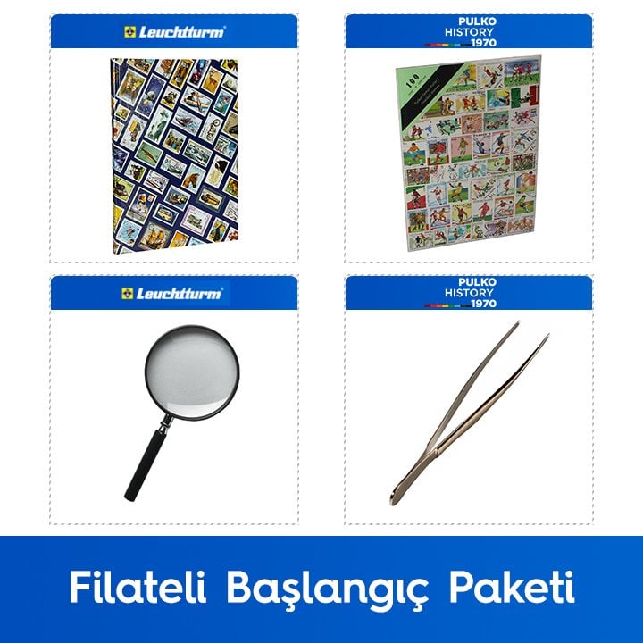 PULKO Filateli Başlangıç Paketi (Leuchtturm Hobby Pul Defteri, 100 Çeşit Pul, Pul Maşası ve Büyüteç), Futbol Pulları ile