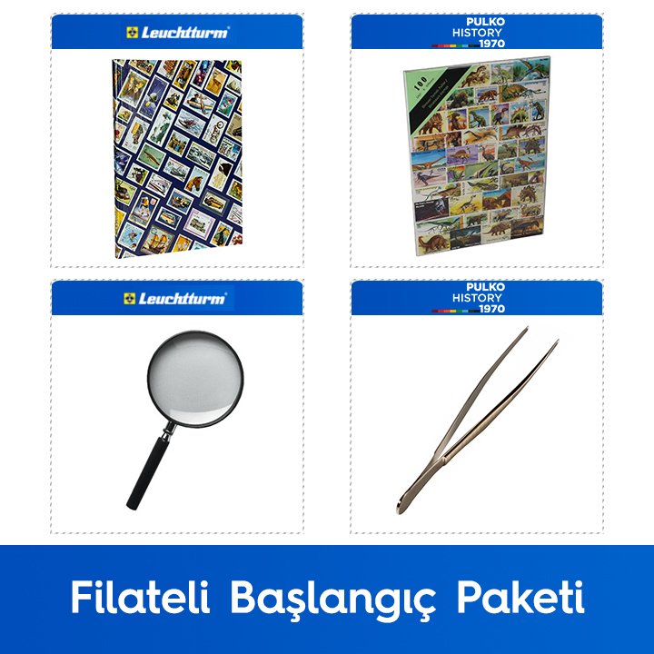 PULKO Filateli Başlangıç Paketi (Leuchtturm Hobby Pul Defteri, 100 Çeşit Pul, Pul Maşası ve Büyüteç), Dinazor Pulları ile