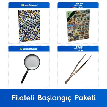 PULKO Filateli Başlangıç Paketi (Leuchtturm Hobby Pul Defteri, 100 Çeşit Pul, Pul Maşası ve Büyüteç), Dinazor Pulları ile