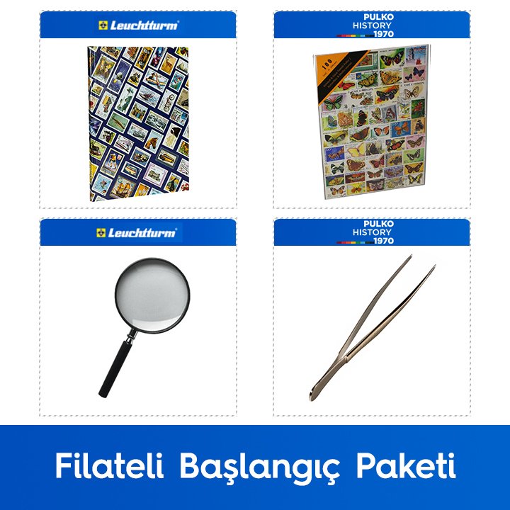 PULKO Filateli Başlangıç Paketi (Leuchtturm Hobby Pul Defteri, 100 Çeşit Pul, Pul Maşası ve Büyüteç), Kelebek & Güve Pulları ile