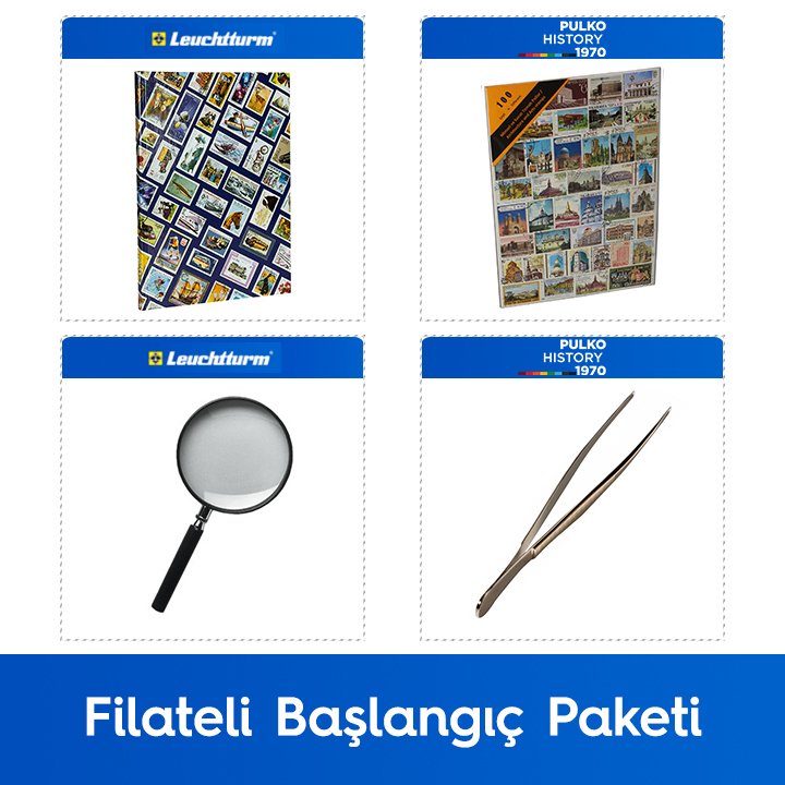 PULKO Filateli Başlangıç Paketi (Leuchtturm Hobby Pul Defteri, 100 Çeşit Pul, Pul Maşası ve Büyüteç), Mimarı Sanat Pulları ile