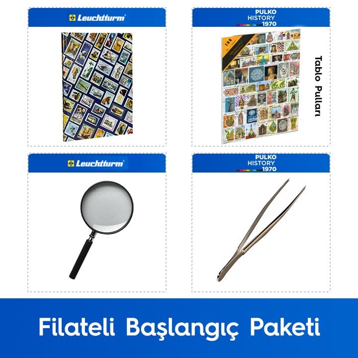 PULKO Filateli Başlangıç Paketi (Leuchtturm Hobby Pul Defteri, 100 Çeşit Pul, Pul Maşası ve Büyüteç), Tablo Pulları ile