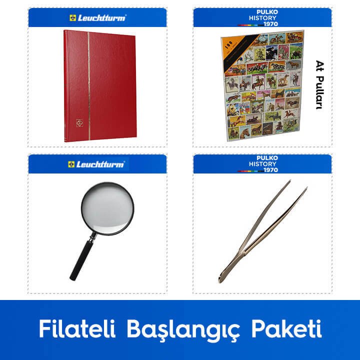 PULKO Filateli Başlangıç Paketi (Leuchtturm BASIC W16 Pul Defteri, 100 Çeşit Pul, Pul Maşası ve Büyüteç), Kırmızı - At Pulları ile