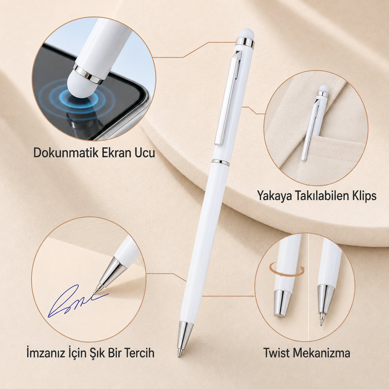 PULKO Thinytouch kalemin dokunmatik uç, klips, imza ve twist mekanizma detayları