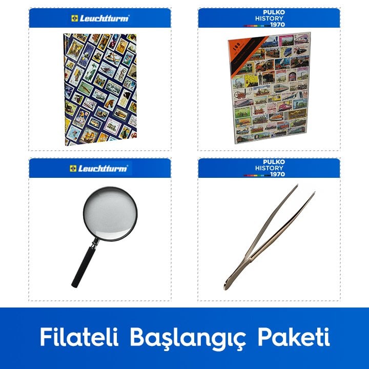 PULKO Philatelic Starter Pack (Leuchtturm Stamps Hobby Book, type 100 Pula, Pula Tong and Magnifier), by train Stamps