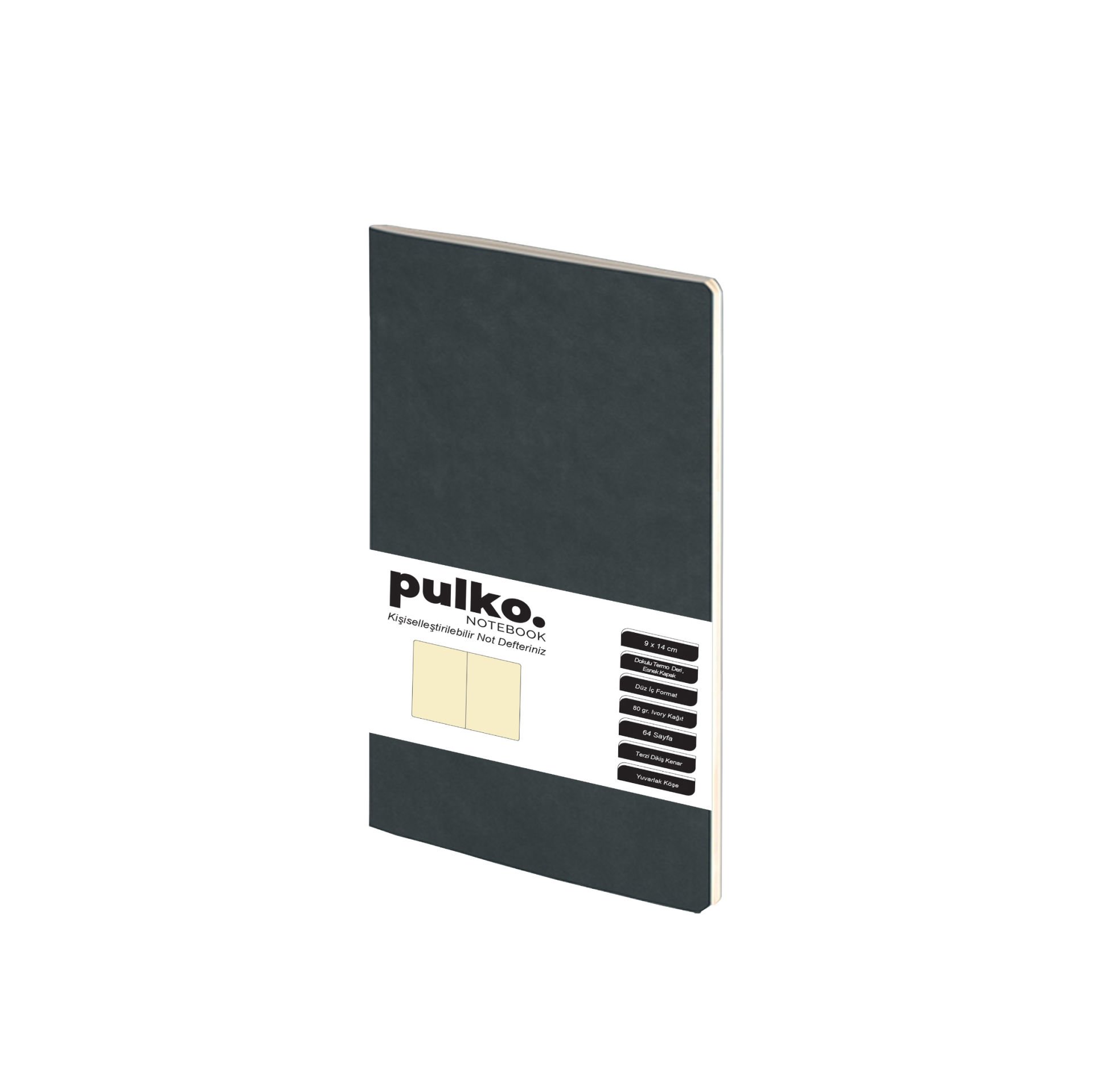 PULKO Notebook Not Defteri, (9x14cm), Terzi Dikiş, Termo Deri Kapak, 64 Sayfa, Krem Kağıt, Düz, 030, Siyah