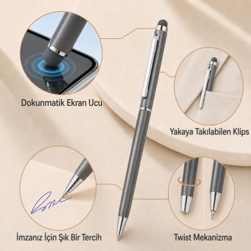ThinyTouch, Dokunmatik Ekran Uçlu, Metal Kasa, Tükenmez Kalem, Antrasit Gri