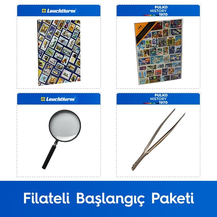PULKO Filateli Başlangıç Paketi (Leuchtturm Hobby Pul Defteri, 100 Çeşit Pul, Pul Maşası ve Büyüteç), Uzay Araştırma Pulları ile