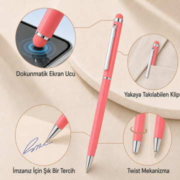 ThinyTouch, Dokunmatik Ekran Uçlu, Metal Kasa, Tükenmez Kalem, Açık Pembe