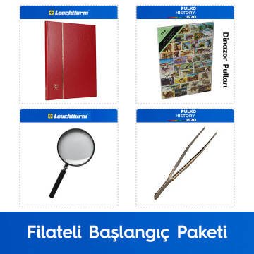 PULKO Filateli Başlangıç Paketi (Leuchtturm BASIC W16 Pul Defteri, 100 Çeşit Pul, Pul Maşası ve Büyüteç), Kırmızı - Dinazor Pulları ile