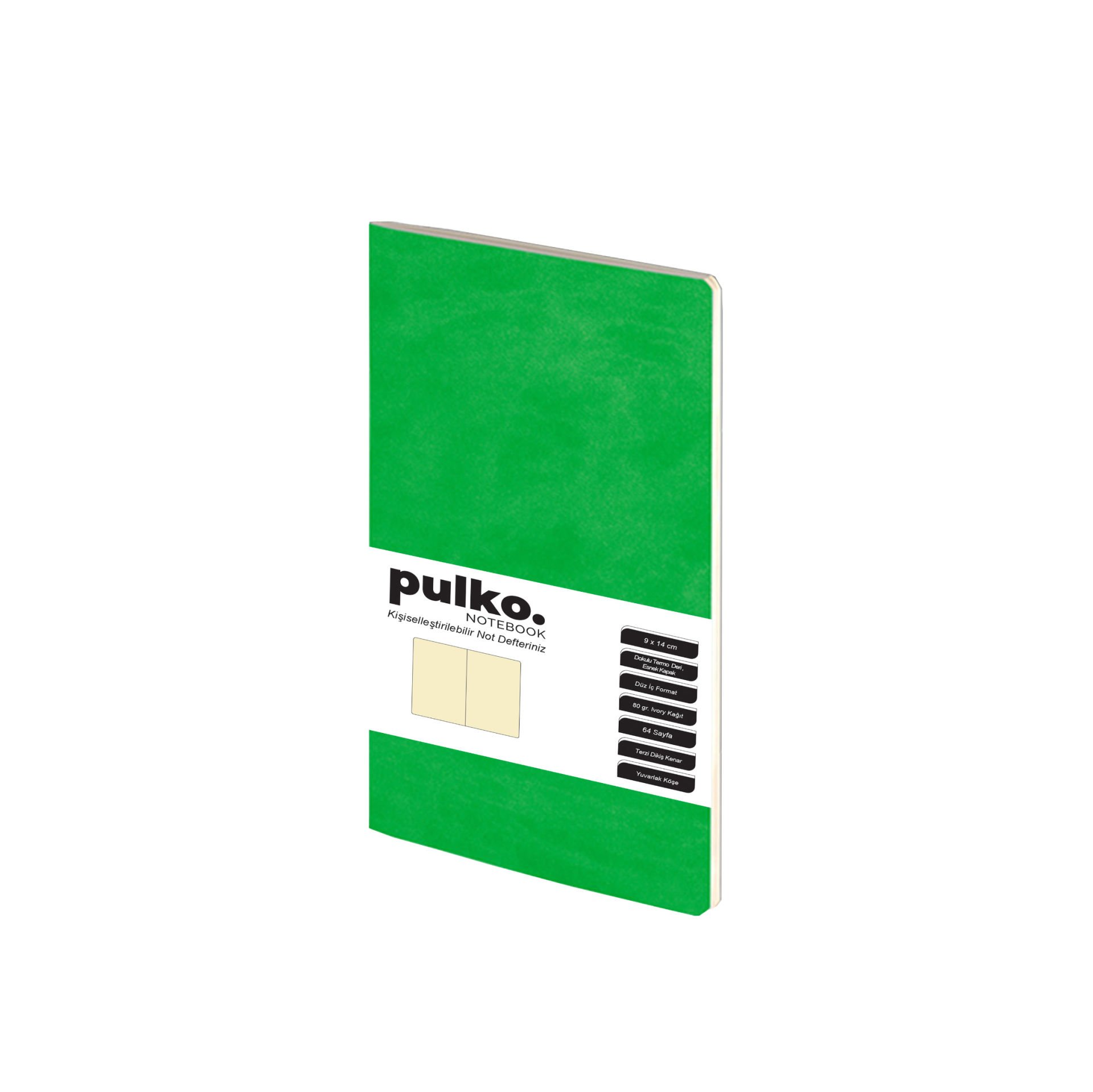 PULKO Notebook Not Defteri, (9x14cm), Terzi Dikiş, Termo Deri Kapak, 64 Sayfa, Krem Kağıt, Düz, 030, Yeşil