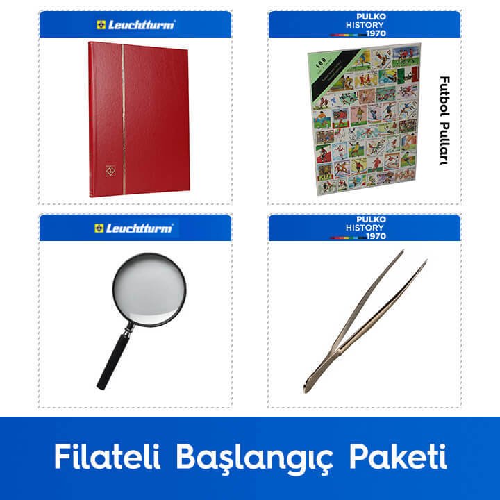 PULKO Filateli Başlangıç Paketi (Leuchtturm BASIC W16 Pul Defteri, 100 Çeşit Pul, Pul Maşası ve Büyüteç), Kırmızı - Futbol Pulları ile
