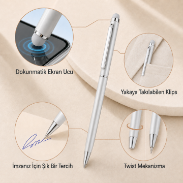 ThinyTouch, Dokunmatik Ekran Uçlu, Metal Kasa, Tükenmez Kalem, Gümüş Gri