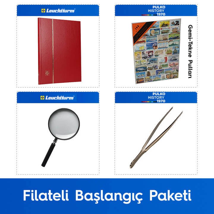 PULKO Filateli Başlangıç Paketi (Leuchtturm BASIC W16 Pul Defteri, 100 Çeşit Pul, Pul Maşası ve Büyüteç), Kırmızı - Gemi Tekne Pulları ile