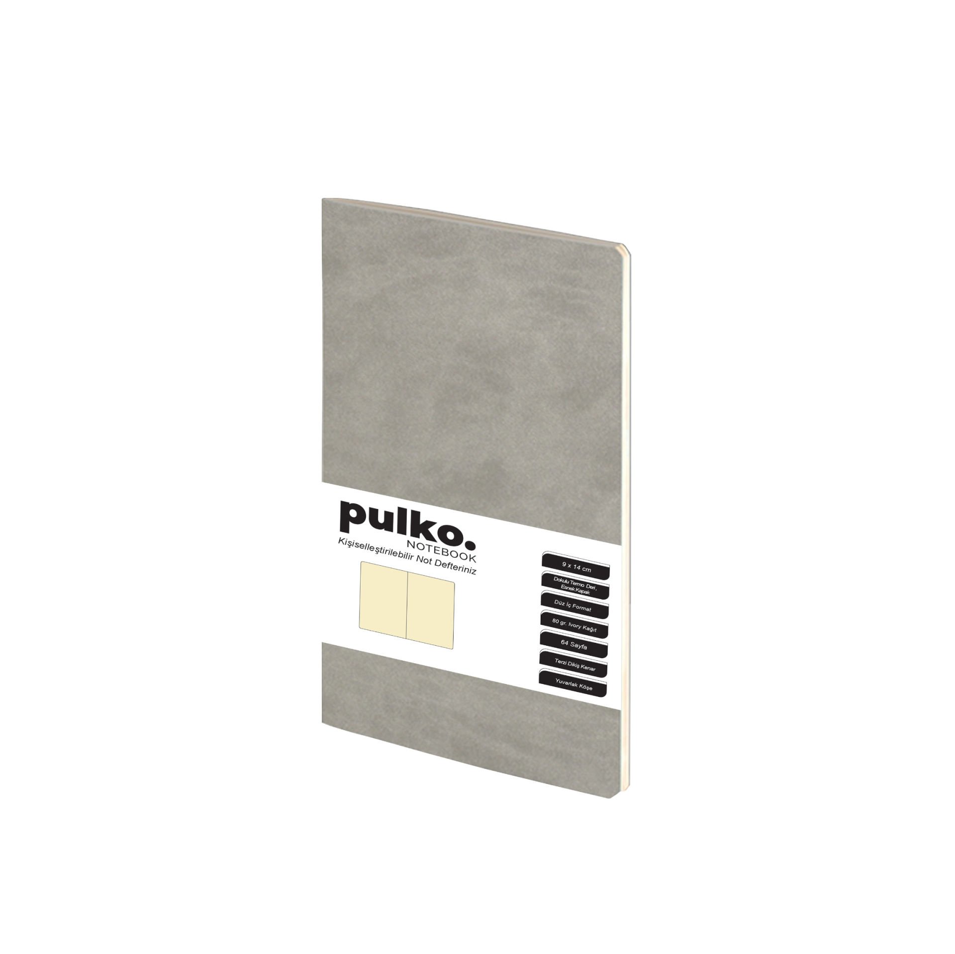 PULKO Notebook Not Defteri, (9x14cm), Terzi Dikiş, Termo Deri Kapak, 64 Sayfa, Krem Kağıt, Düz, 030, Gri